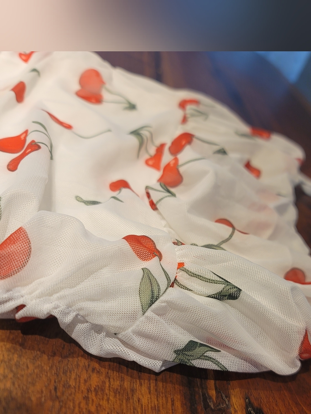 White Cherry Print Overlay Mini Dress Size Small - Picture 2 of 8